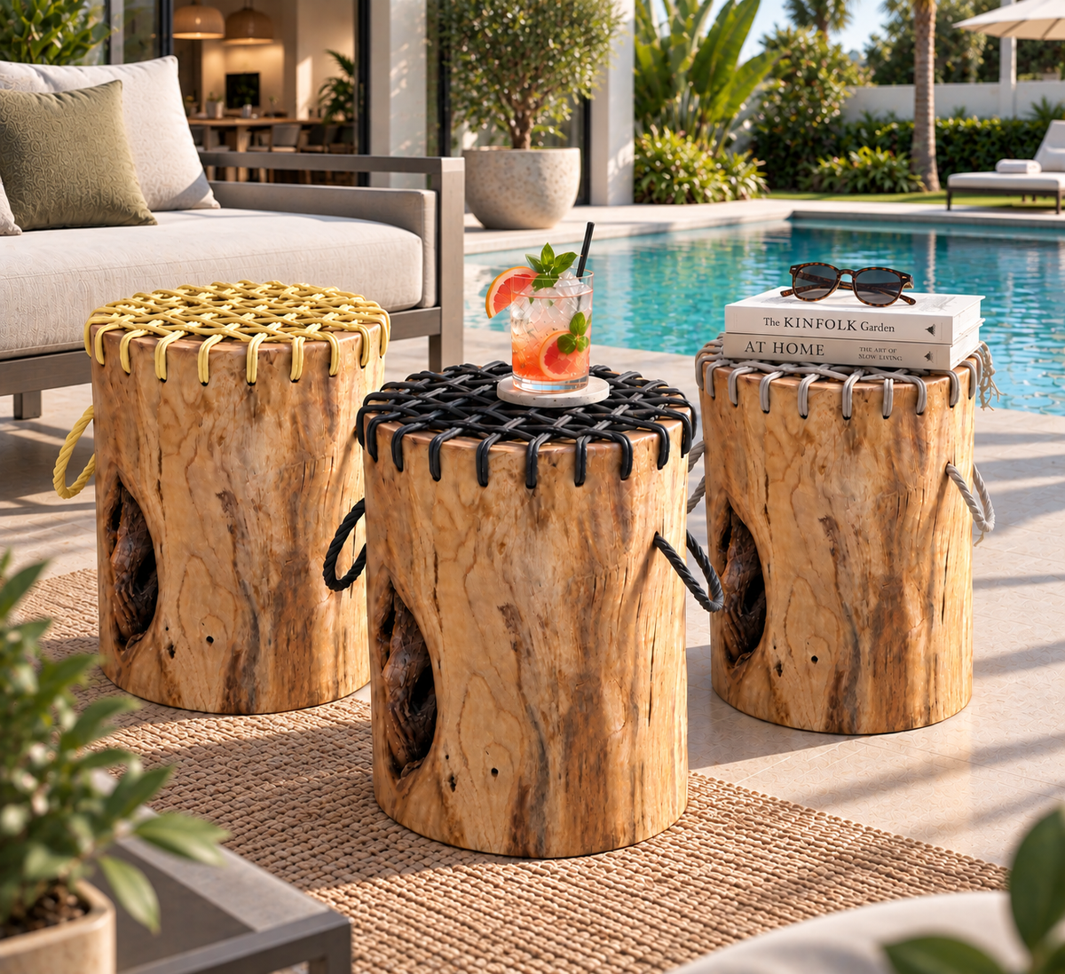 Teakwood & Wicker Stump Stools