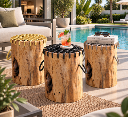 Teakwood & Wicker Stump Stools