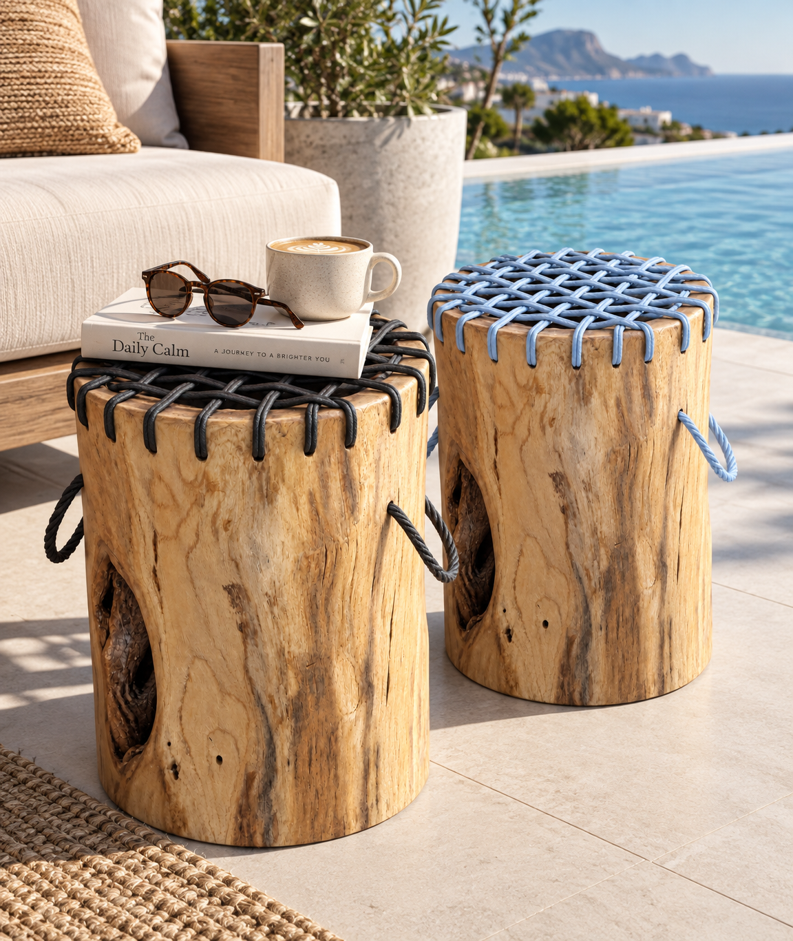 Teakwood & Wicker Stump Stools