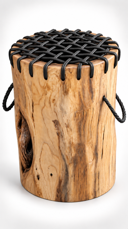 Teakwood & Wicker Stump Stools
