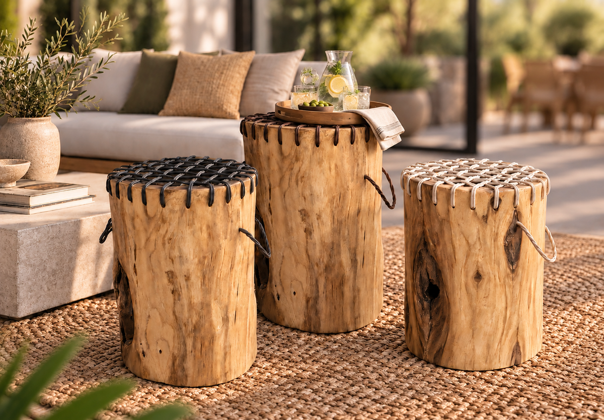 Teakwood & Wicker Stump Stools