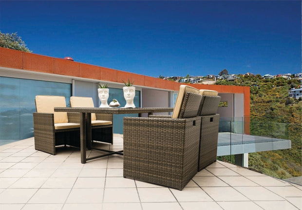 Tru Outdoor Luxury Cube 5 Piece Outdoor Dining Set with cushions (Colour Wood Series) product_description Outdoor Dining.