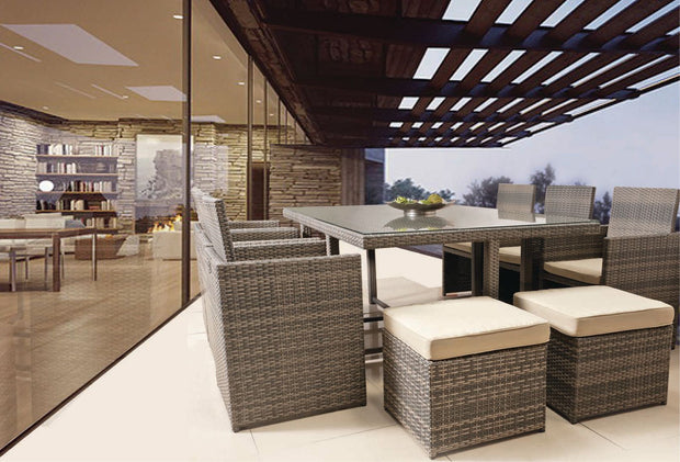 Tru Outdoor Luxury Cube 7 Piece Outdoor Dining Set with cushions (Colour Stone) product_description Outdoor Dining.